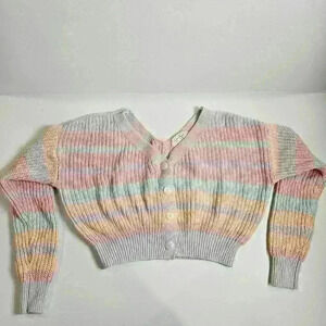 Jessica Simpson Knit Cropped Cardigan Sweater Button Long Sleeve Stripes Medium